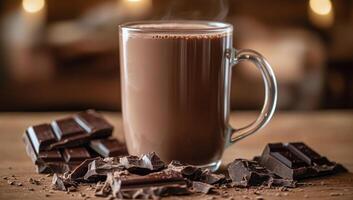 Warm mug of hot chocolate accompanied by rich dark chocolate pieces on a wooden table photo
