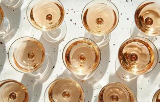 Champagne glasses arranged on a tabletop with subtle reflections during a celebration photo