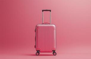 Bright pink suitcase on a soft pink background showcasing modern travel essentials photo