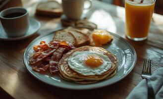 Breakfast spread featuring pancakes, bacon, and fresh juice served at a cozy caf setting photo