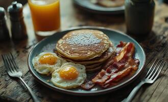 Breakfast spread featuring pancakes, eggs, and bacon on a rustic wooden table photo