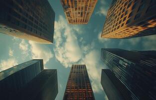 Skyscrapers rise into a bright sky above in an urban landscape during midday photo