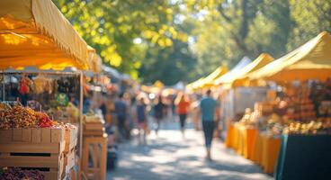 Vibrant outdoor market showcasing local produce and crafts in sunny weather photo