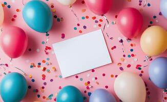 Colorful balloons and confetti surrounding a blank card on a pink background for a festive celebration photo