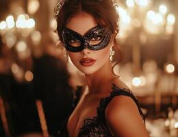 Elegant masked woman in evening attire at a glamorous candlelit event photo