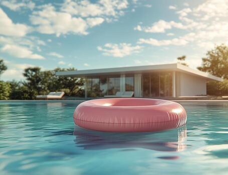 A pink inflatable floating in a pool photo