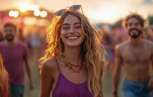 A woman is smiling while people are standing around her photo