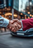 Hands shake in urban setting, symbolizing partnership and collaboration in the city photo