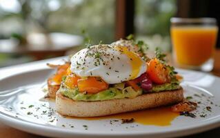 Delicious breakfast with poached eggs, avocado, and fresh vegetables served in a cozy restaurant photo