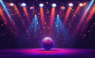 Colorful disco lights illuminate a sparkling disco ball in an empty dance floor setting at night photo