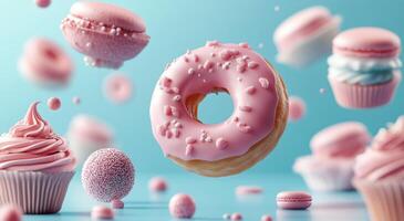Colorful confections floating in a whimsical candy land with pink donut and cupcakes photo