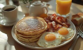 Delicious breakfast spread featuring pancakes, eggs, bacon, and juice in a cozy setting photo