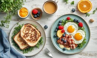 Breakfast spread with eggs, bacon, toast, and fresh fruit on a wooden table photo