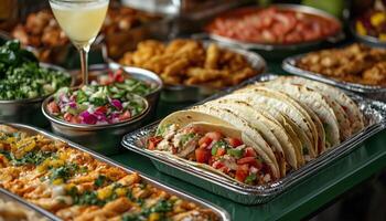 Delicious spread of tacos and traditional dishes at a vibrant food gathering in the evening photo