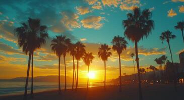 Sunset over palm trees at a beach with vibrant colors in the sky photo