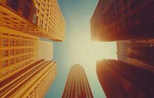 Sunny cityscape viewed from below, showcasing towering skyscrapers and a clear blue sky photo