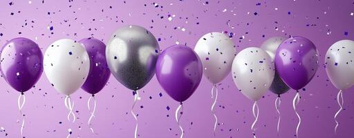 Celebration with purple and silver balloons scattered with confetti on a festive background photo