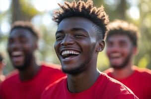 Young men share joyful moments in a sunny outdoor setting while wearing matching red shirts photo