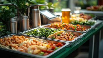 Varied selection of fresh dishes at a bustling outdoor food event during the afternoon photo