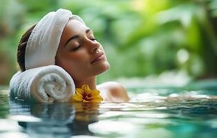 Relaxation and tranquility in a serene tropical spa setting with a woman enjoying wellness time photo
