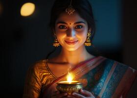 Young woman holding a traditional lamp in a festive setting during the evening celebration photo