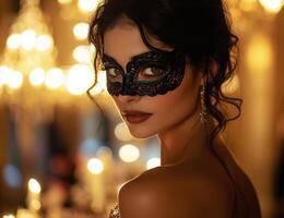 Elegant masked woman at a lavish masquerade ball in a dimly lit hall photo