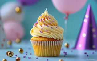 Festive cupcake with yellow frosting and purple sprinkles on display at a celebration party photo