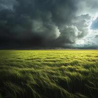 Dark storm clouds gather over a vast green field before an impending rainstorm in the late afternoon photo