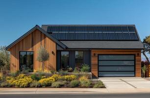 Modern house with solar panels and vibrant landscaping under clear blue sky photo
