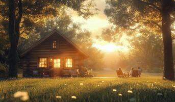 A couple sitting outside a log cabin at sunset photo