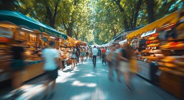 A blurry image of people walking through a market photo