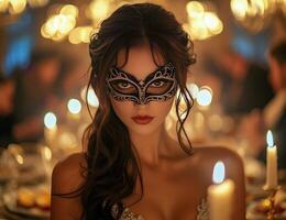 A woman with a mask on her face at a dinner party photo