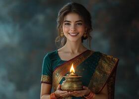 Beautiful indian woman holding a diya photo
