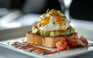 A plate of food with a tomato and avocado on it photo