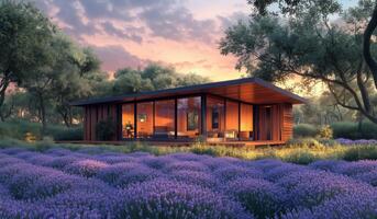 Lavender fields at sunset 3d rendering photo