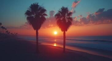 Palm trees on the beach at sunset photo