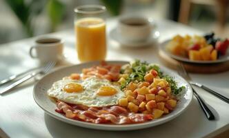 A plate of food with eggs, bacon, and vegetables photo