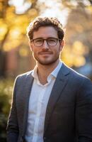 A man in glasses and a suit standing in front of trees photo