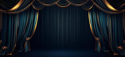 Theater stage with blue curtains and gold curtains photo