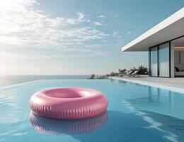 An inflatable pink pool float in front of a house photo