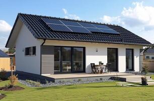 A small house with solar panels on the roof photo