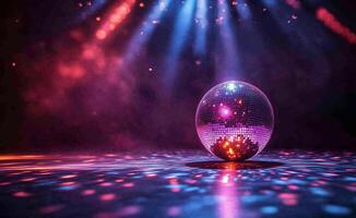 Disco ball on a dark floor with bright lights photo