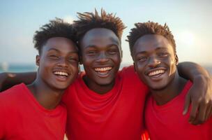 Three young men in red shirts smiling photo