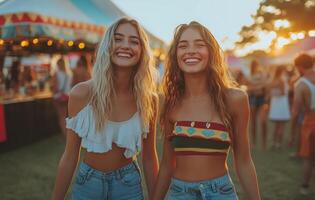 Two young women smiling at the camera at a music festival photo