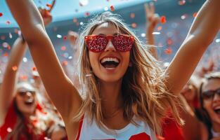A woman in sunglasses is celebrating at a sporting event photo