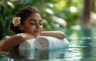 A woman relaxing in the water with towels photo