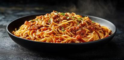 Spaghetti with meat and sauce in a black bowl photo
