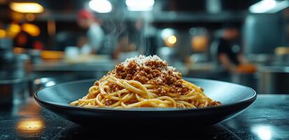 A bowl of spaghetti is on a table photo