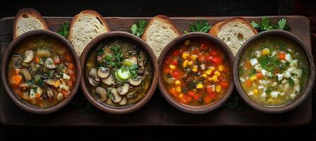 Four delicious vegetable soups served with fresh bread on a wooden board photo