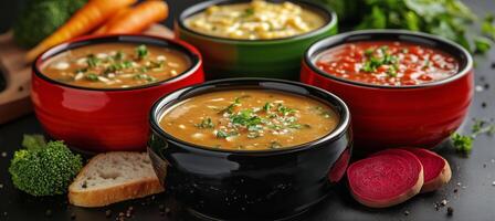 Delicious assortment of soups served in colorful bowls on a rustic table photo